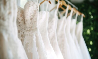 Wunderschönes elegantes Luxus-Brautkleid auf Kleiderbügeln. Weiße Brautkleider hängen am Kleiderbügel im Brautmoden-Boutique-Salon. Nahaufnahme