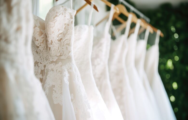 Wunderschönes elegantes Luxus-Brautkleid auf Kleiderbügeln. Weiße Brautkleider hängen am Kleiderbügel im Brautmoden-Boutique-Salon. Nahaufnahme
