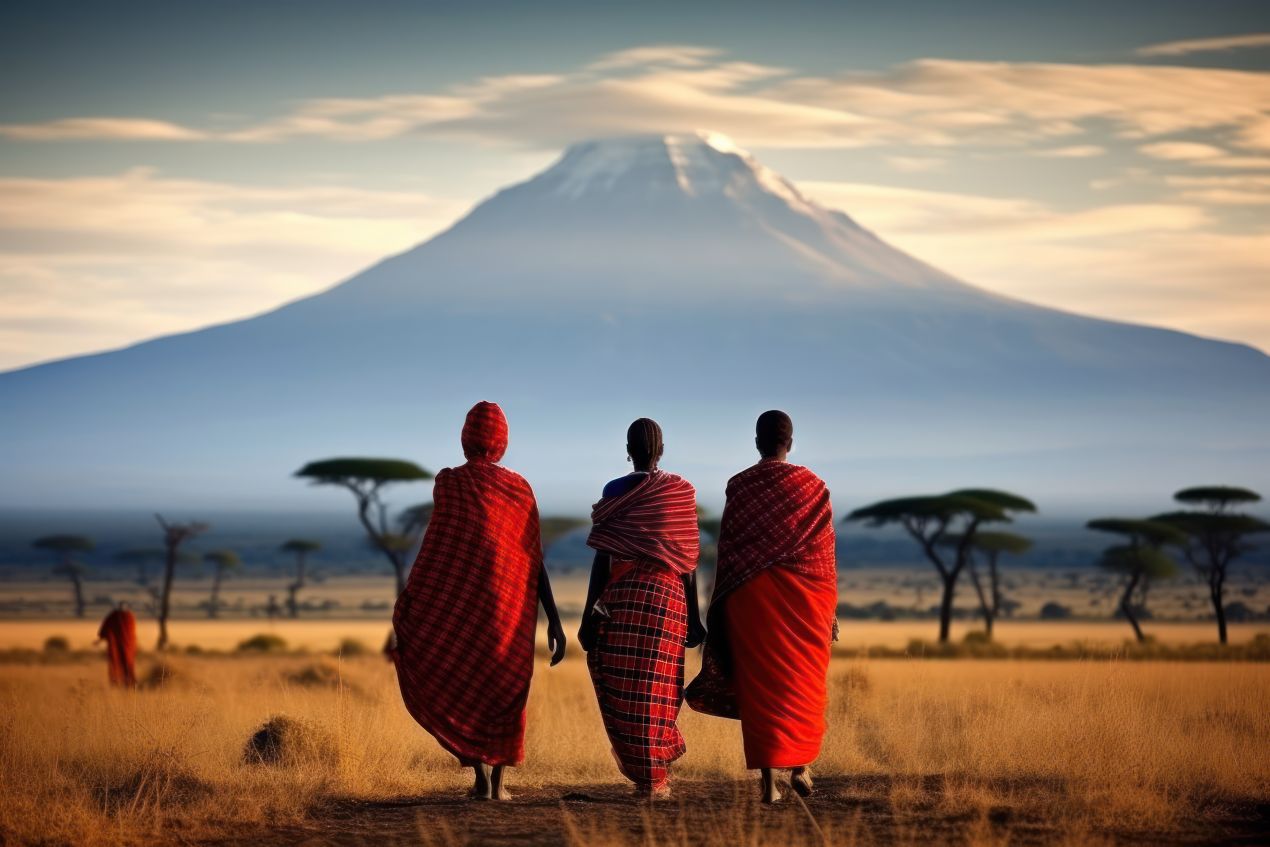 Drei Maasai in traditioneller Kleidung stehen vor dem Kilimandscharo bei Sonnenaufgang und blicken auf den höchsten Berg Afrikas.