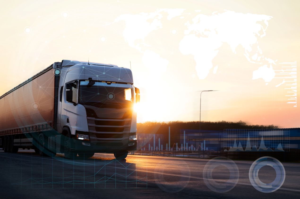 Ein digital vernetzter Lkw bei Sonnenaufgang – czv Kurs vermitteln Wissen über technologische Entwicklungen im Transportwesen.