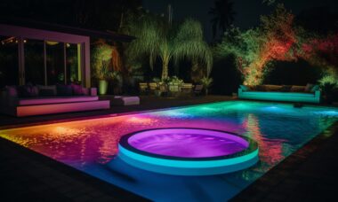 Ein stilvoll beleuchteter Pool bei Nacht