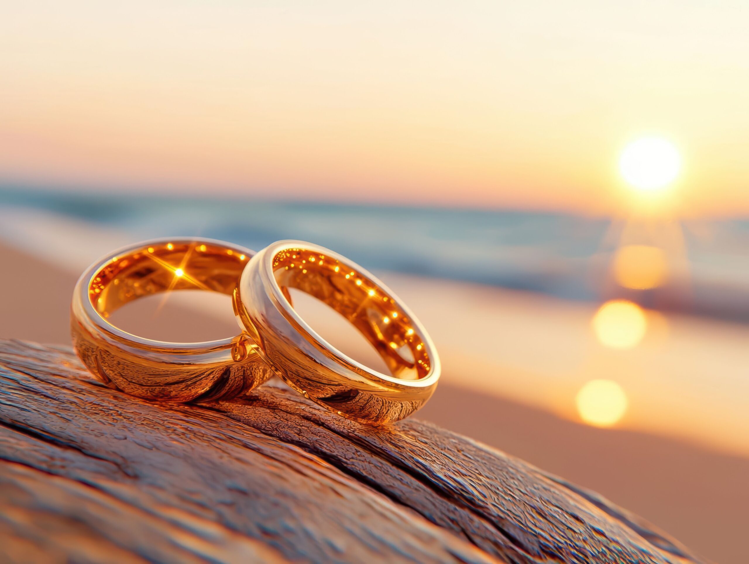 Zwei goldene Partnerringe im Sonnenlicht am Strand