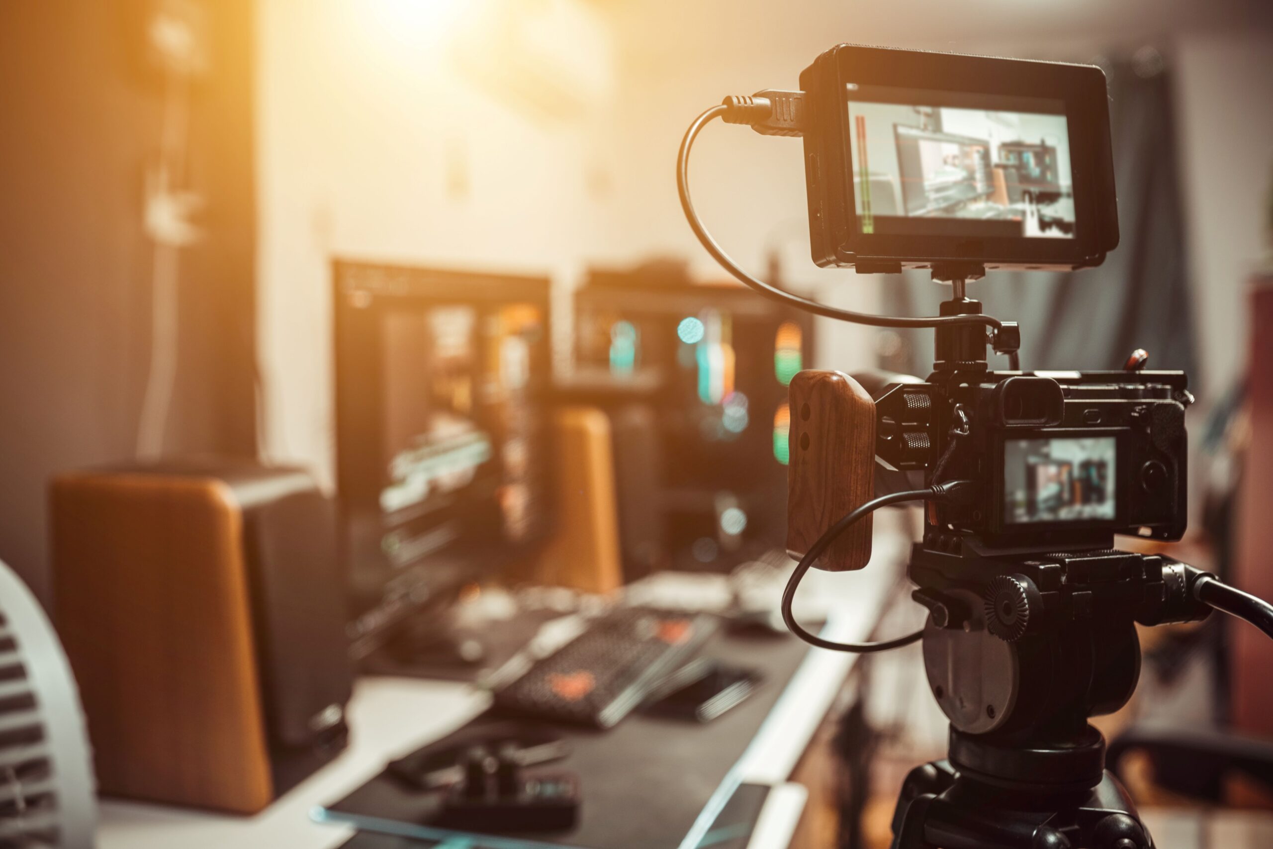 Kamera filmt einen Arbeitsplatz mit Monitoren in warmem Licht