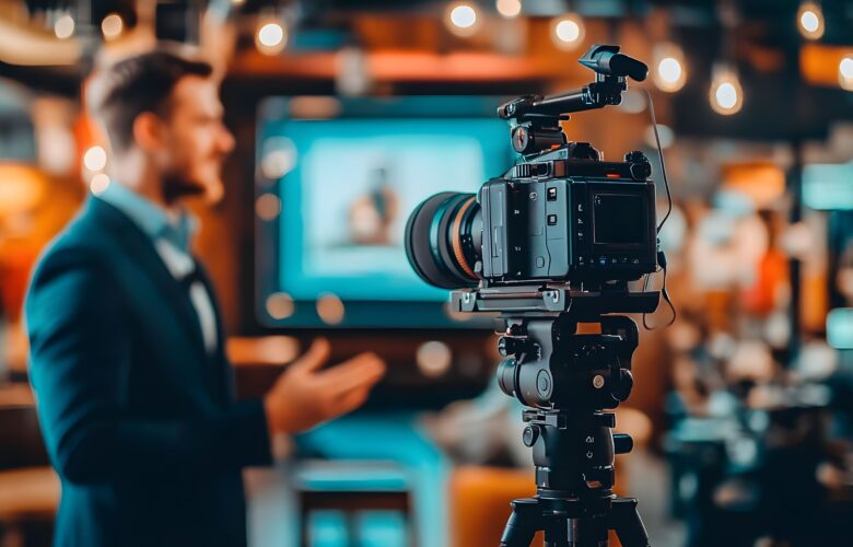 Professioneller Videodreh mit Kamera im Vordergrund und Sprecher im Hintergrund während einer Filmproduktion in modernem Studio-Setting