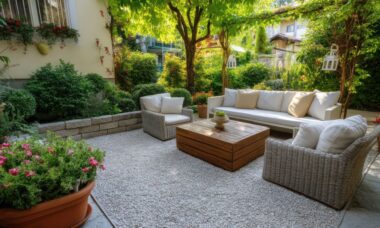 Moderner Garten mit heller Kiesfläche, Lounge-Möbeln aus Rattan und Holztisch, umgeben von grünen Sträuchern, Bäumen und Rankpflanzen.