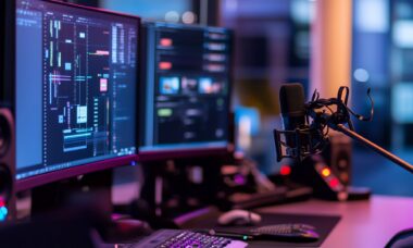 gaming setup mit mikrofon und gaming monitoren in neonlicht