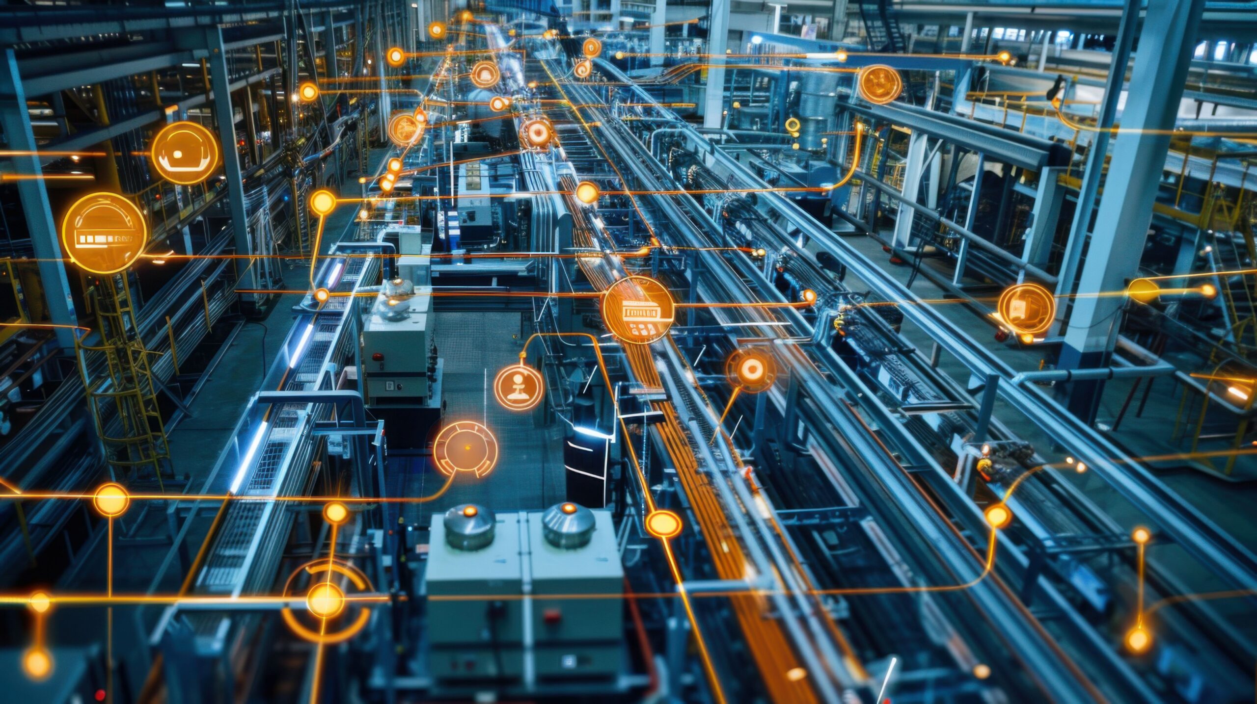 Vernetzte Industrieanlage mit digitaler Steuerung, ermöglicht durch präzise Kabelkonfektion für perfekte Funktion