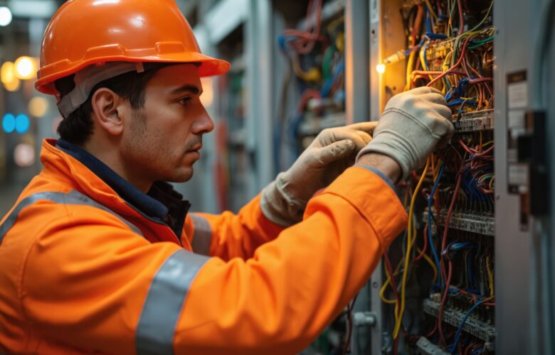 Techniker bei der Kabelkonfektion in einem Schaltschrank, präzise Arbeit an farbcodierten Leitungen mit Schutzausrüstung
