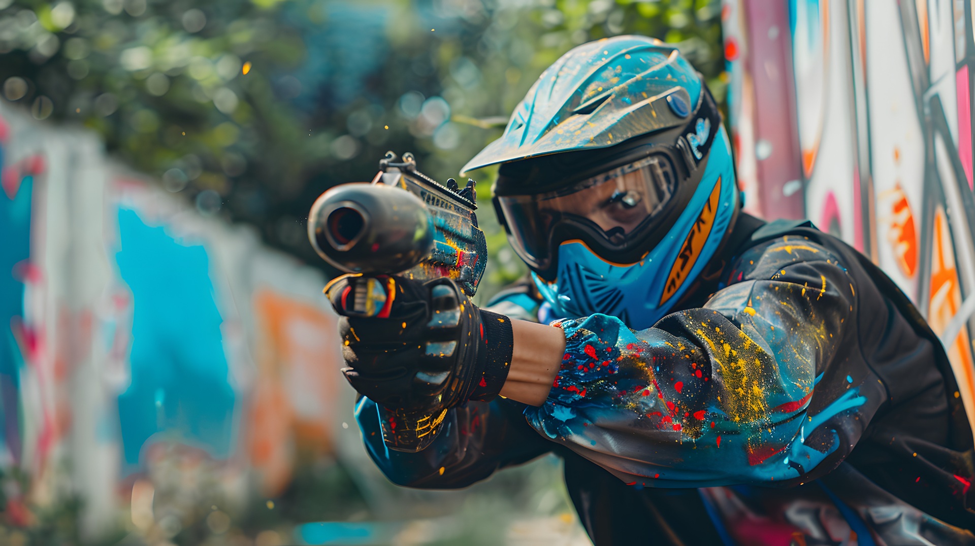 Paintballspieler in Schutzausruestung im Spiel | Schreckschusspistole

