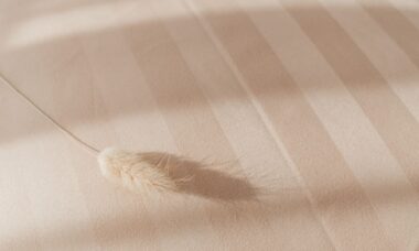 Detailaufnahme von Bettwaesche Baumwolle in Beige mit zarter Streifenstruktur und natuerlichem Licht