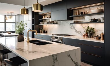 Dunkle Designkuche mit Marmoroptik und Kochinsel | Herdabdeckung aus Holz