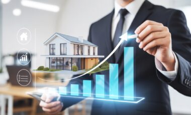 Digitaler Immobilienanstieg mit modernem Hausmodell | Steinwand Fliesen