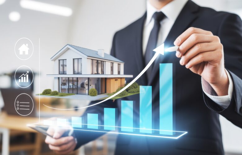 Digitaler Immobilienanstieg mit modernem Hausmodell | Steinwand Fliesen